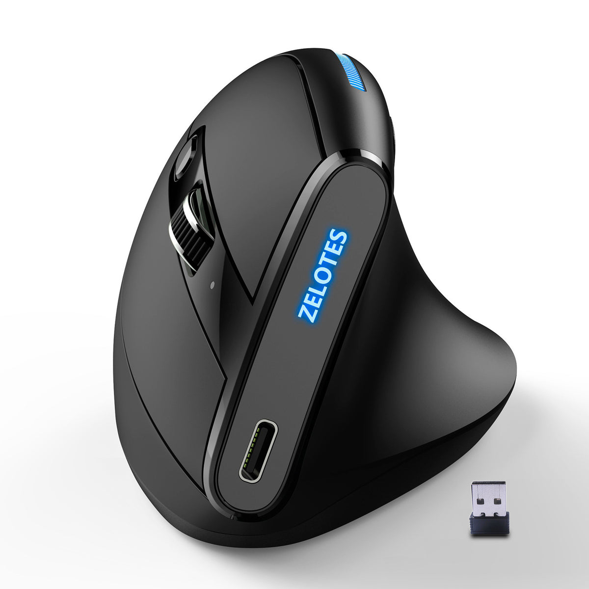 Eprolo ZELOTES Master F36A vertical ergonomic wireless office mouse with anti-slip grip and charging feature, shown on a desk.