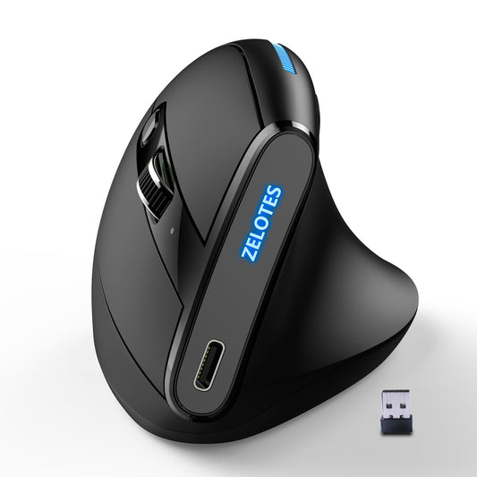 Eprolo ZELOTES Master F36A vertical ergonomic wireless office mouse with anti-slip grip and charging feature, shown on a desk.