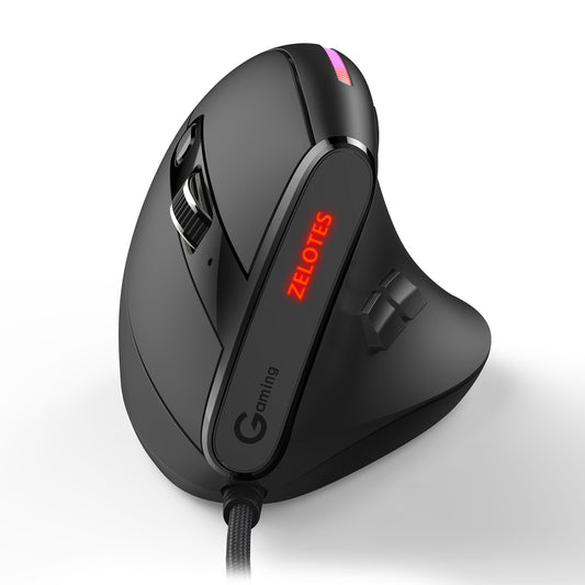 Eprolo ZELOTES Master T50RGB vertical ergonomic gaming mouse with programmable buttons and wired connection, shown on a desk.