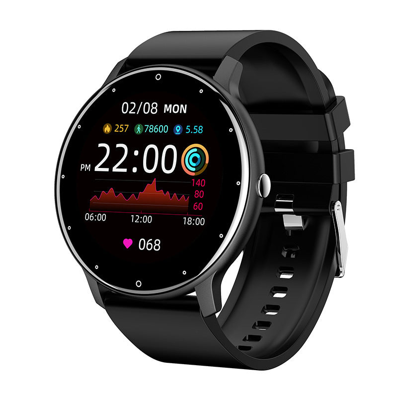 eprolo ZL02 smart bracelet displaying heart rate, blood pressure, blood oxygen levels, and step count on a sleek fitness watch screen