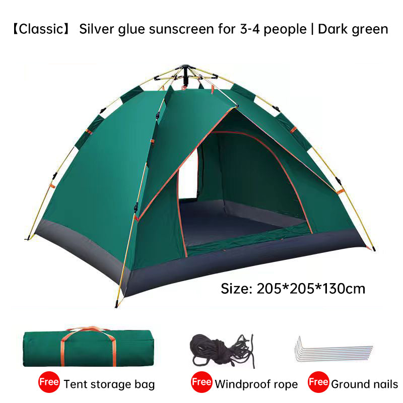 Eprolo quick-deploy green and white outdoor camping tent set up outdoors, suitable for 3-4 people with spacious interior.