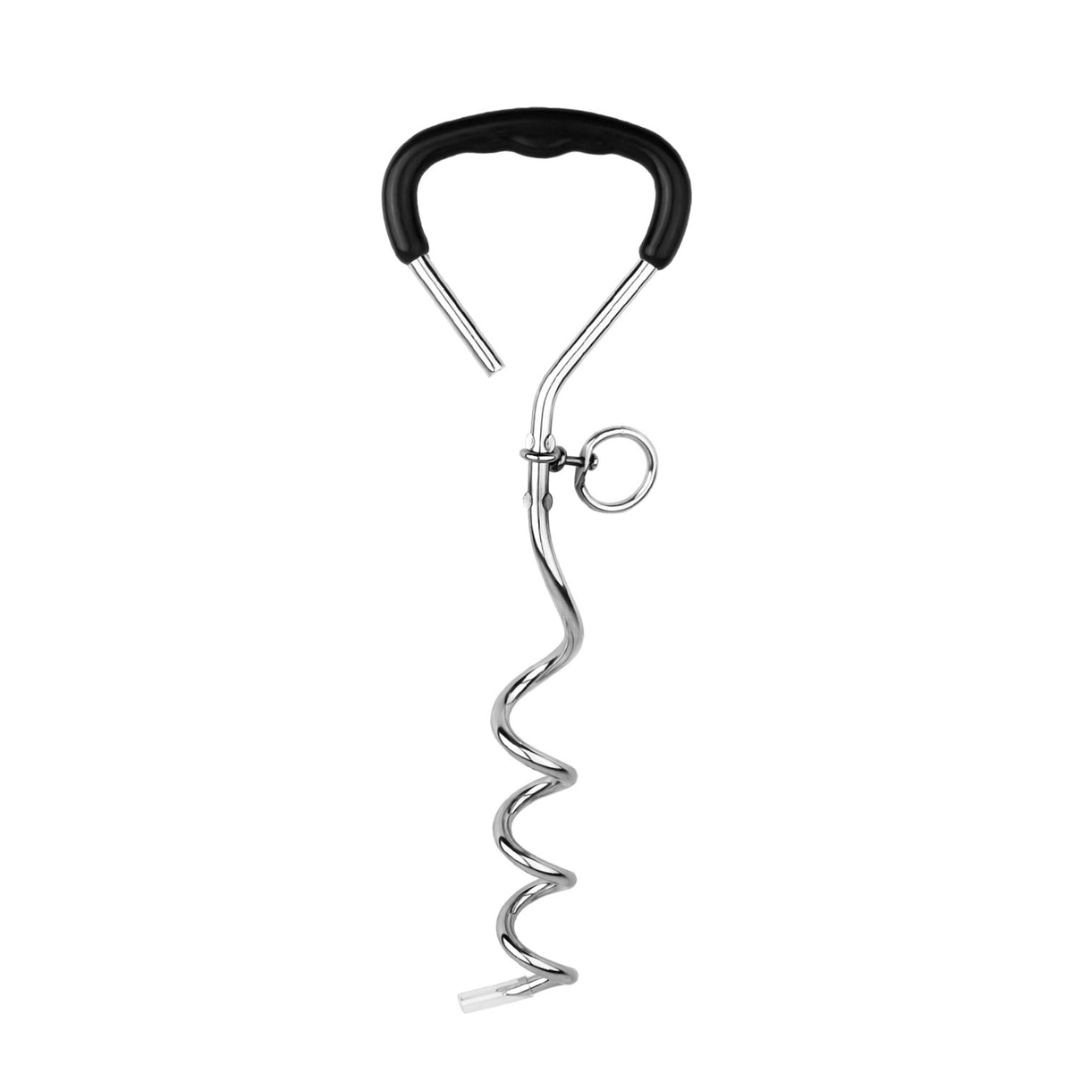 Chrome plated spiral ground anchor for outdoor dog tether from eprolo, securely stakes dogs in outdoor spaces
