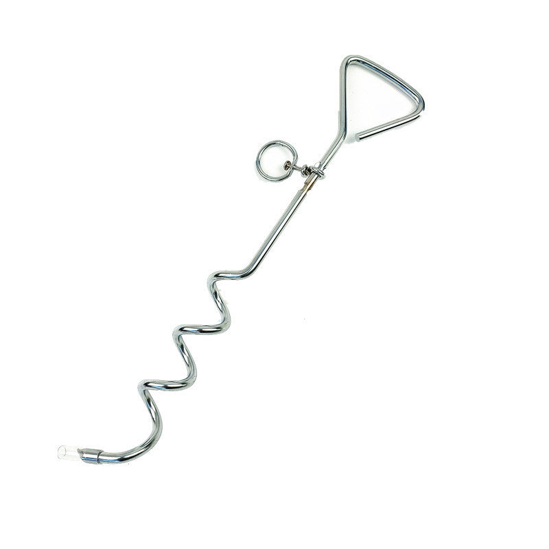 Chrome-plated spiral dog stake and ground anchor for outdoor pet tethering, designed by eprolo for secure outdoor pet containment.