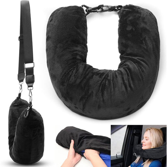 Airplane Travel Sleeping Pillow - U-Shaped Velvet Pillowcase, Fillable Design with Storage Pouch - American Smart