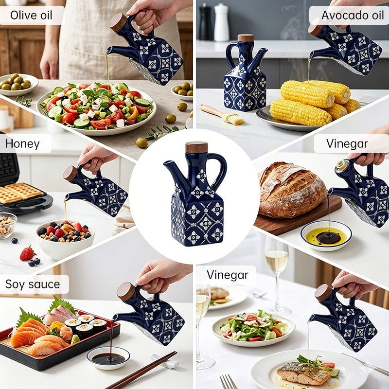 Ceramic Oil & Vinegar Cruet Set with Cork Stoppers – Kitchen Seasoning Bottles - American Smart