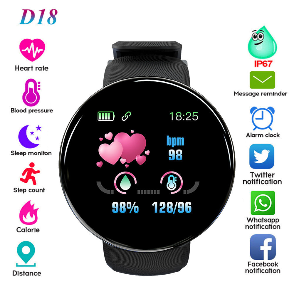 D18 Smart Bracelet Color Round Screen Heart Rate Blood Pressure Sleep Monitoring Pedometer Sports Encyclopedia Star Smart Watch - American Smart
