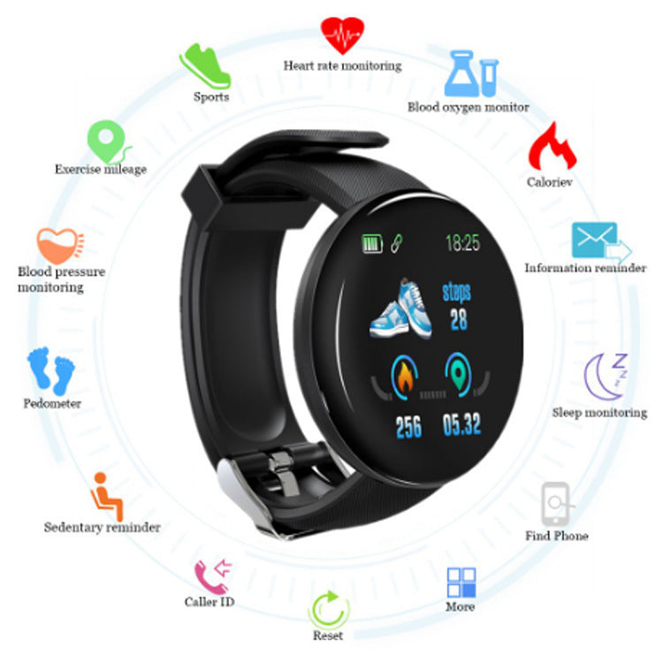 D18 Smart Bracelet Color Round Screen Heart Rate Blood Pressure Sleep Monitoring Pedometer Sports Encyclopedia Star Smart Watch - American Smart