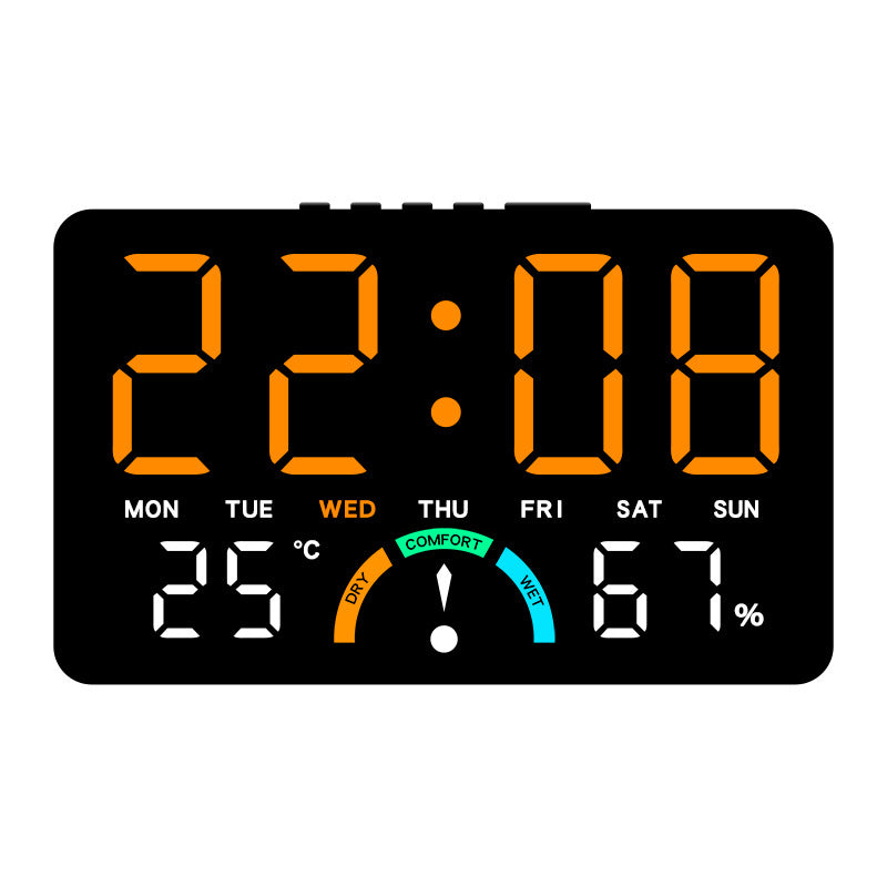 Digital alarm clock from eprolo displaying temperature, humidity, dual alarms, and snooze function on a sleek black device.