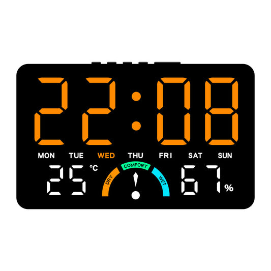 Digital alarm clock from eprolo displaying temperature, humidity, dual alarms, and snooze function on a sleek black device.