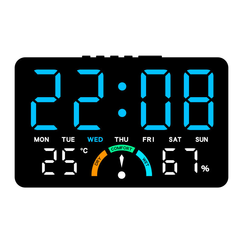 Eprolo digital alarm clock displaying time, temperature, and humidity with dual alarms and snooze function on a bedside table.