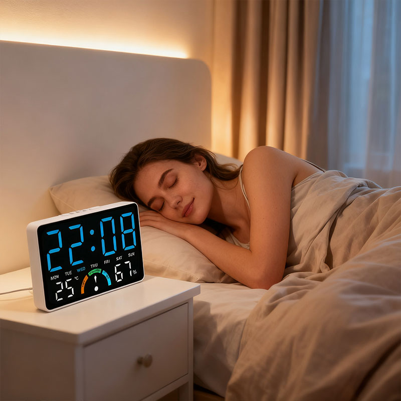 Eprolo digital alarm clock displaying time, temperature, humidity, with dual alarms and snooze function on a bedside table.