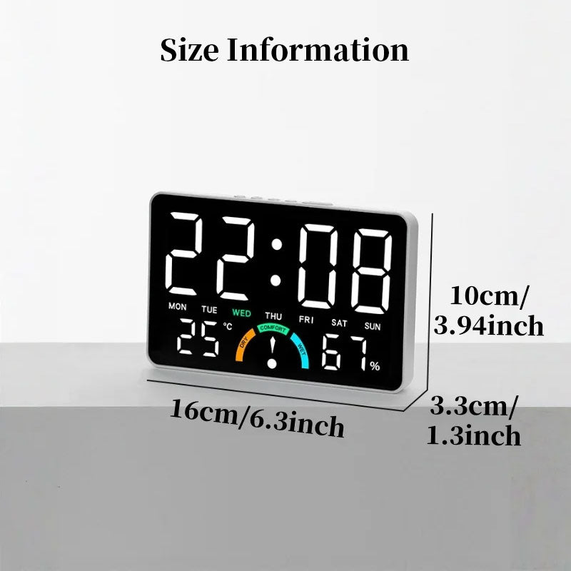 eprolo digital alarm clock showing time, temperature, and humidity with dual alarms and snooze function on a modern bedside table