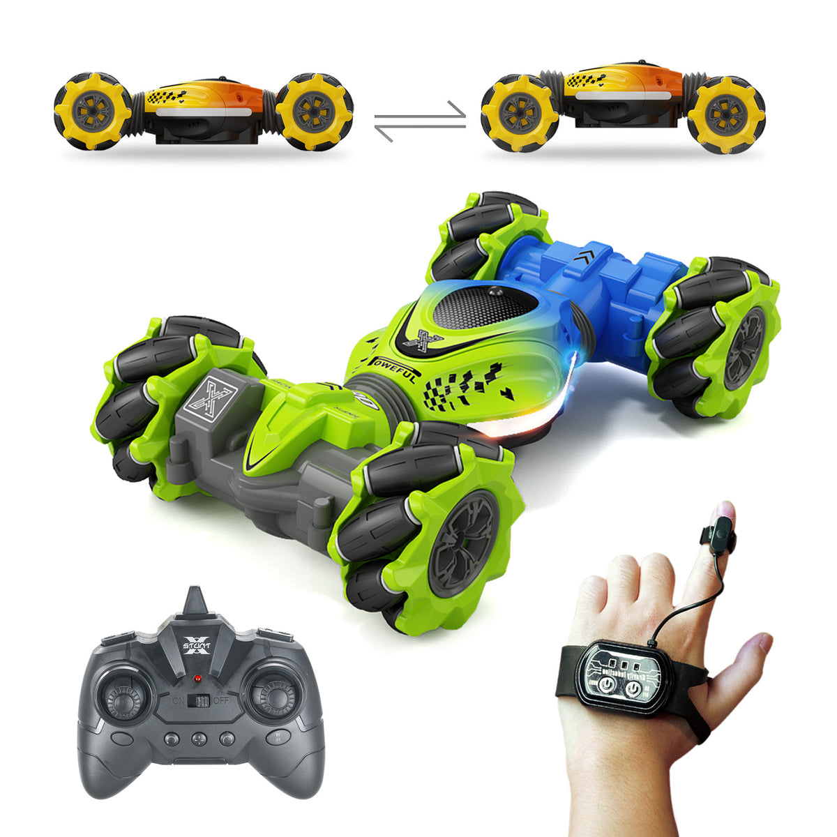 Eprolo induction mini gesture twist car with remote control, stunt climbing toy, and double-sided design in action.