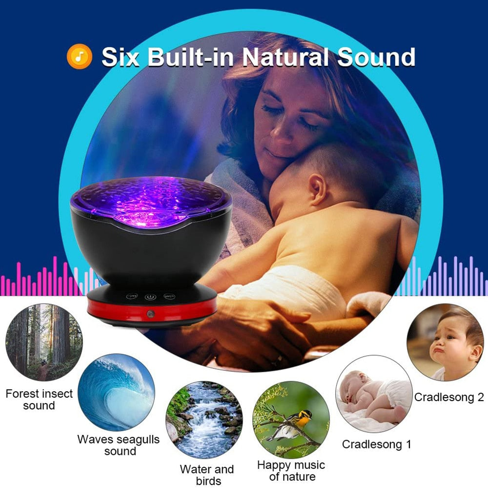 Eprolo ocean wave projector light with LED night lamp, music player, remote control, and starry projection for bedroom or party decor