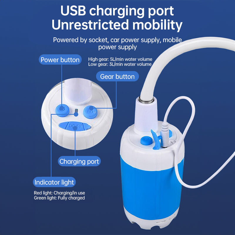 Rechargeable electric camping shower pump by eprolo with smart digital display, compact design, and handheld shower head.