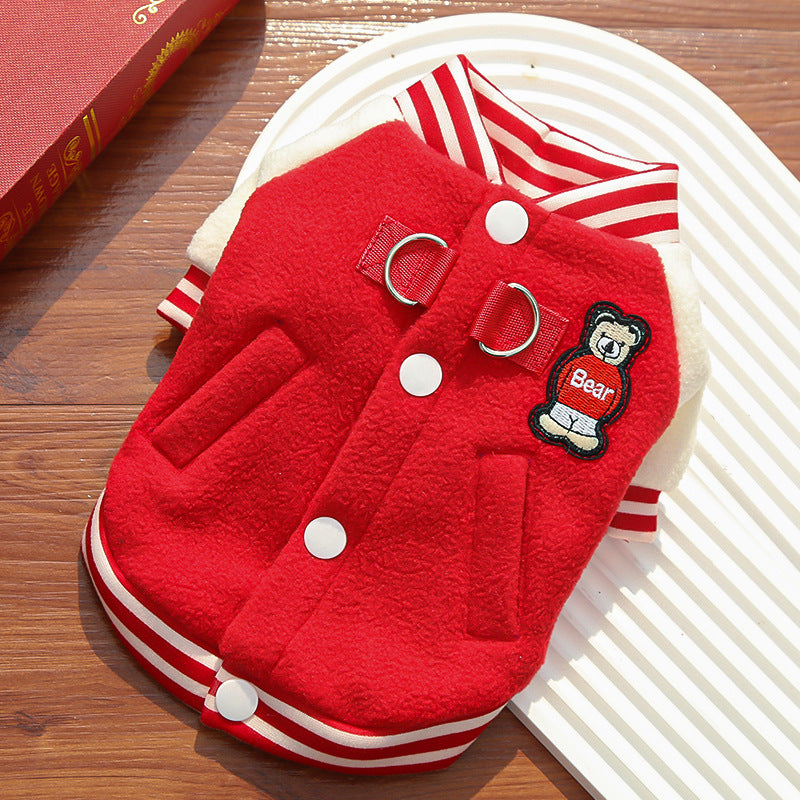 Wholesale fleece outdoor dog and cat jacket by eprolo, small/medium pet size with D-ring and button closures.