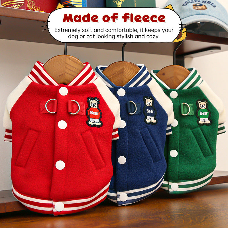 Wholesale fleece outdoor dog and cat jacket for small to medium pets with D-ring and button closure, branded by eprolo.