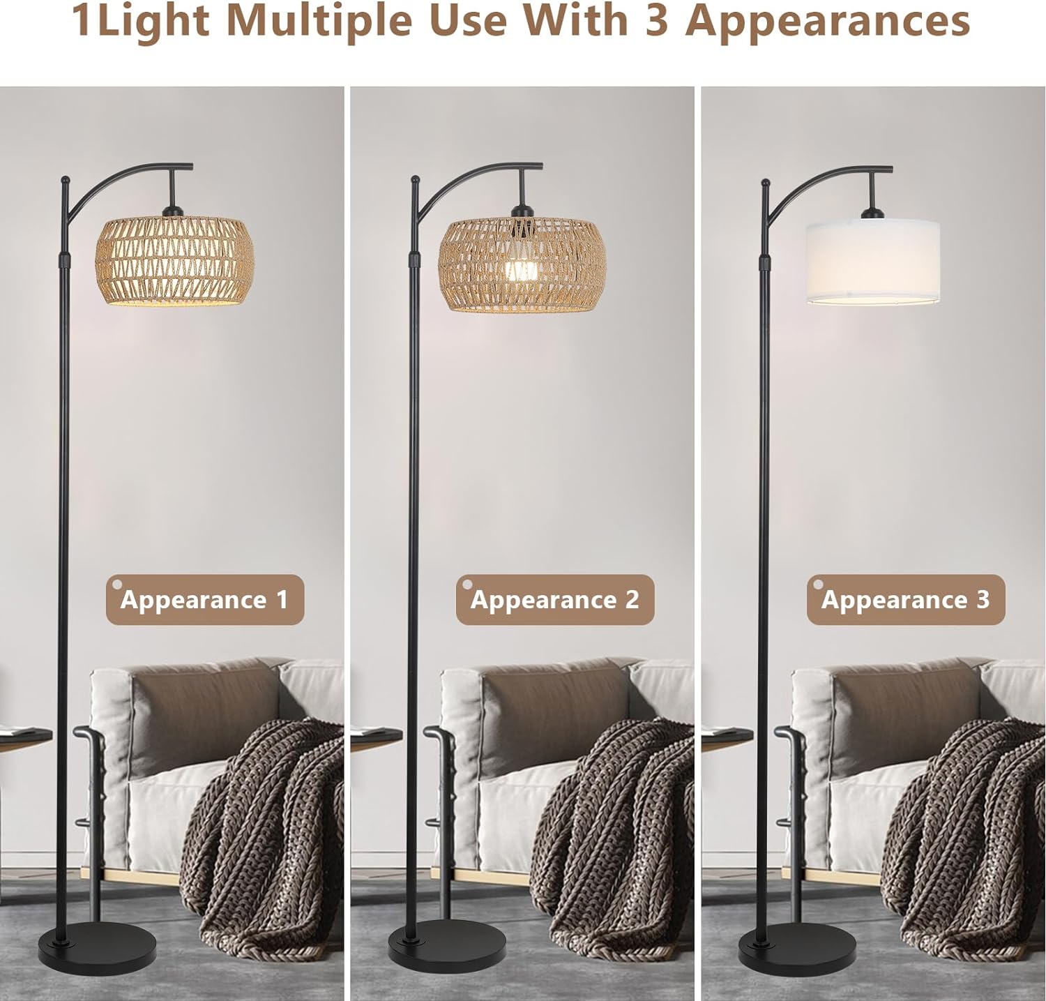 Arc Floor Lamp with Remote Control, Dimmable LED Floor Lamp with 3 Color Temperature Boho Farmhouse Tall Pole Lamp - American Smart