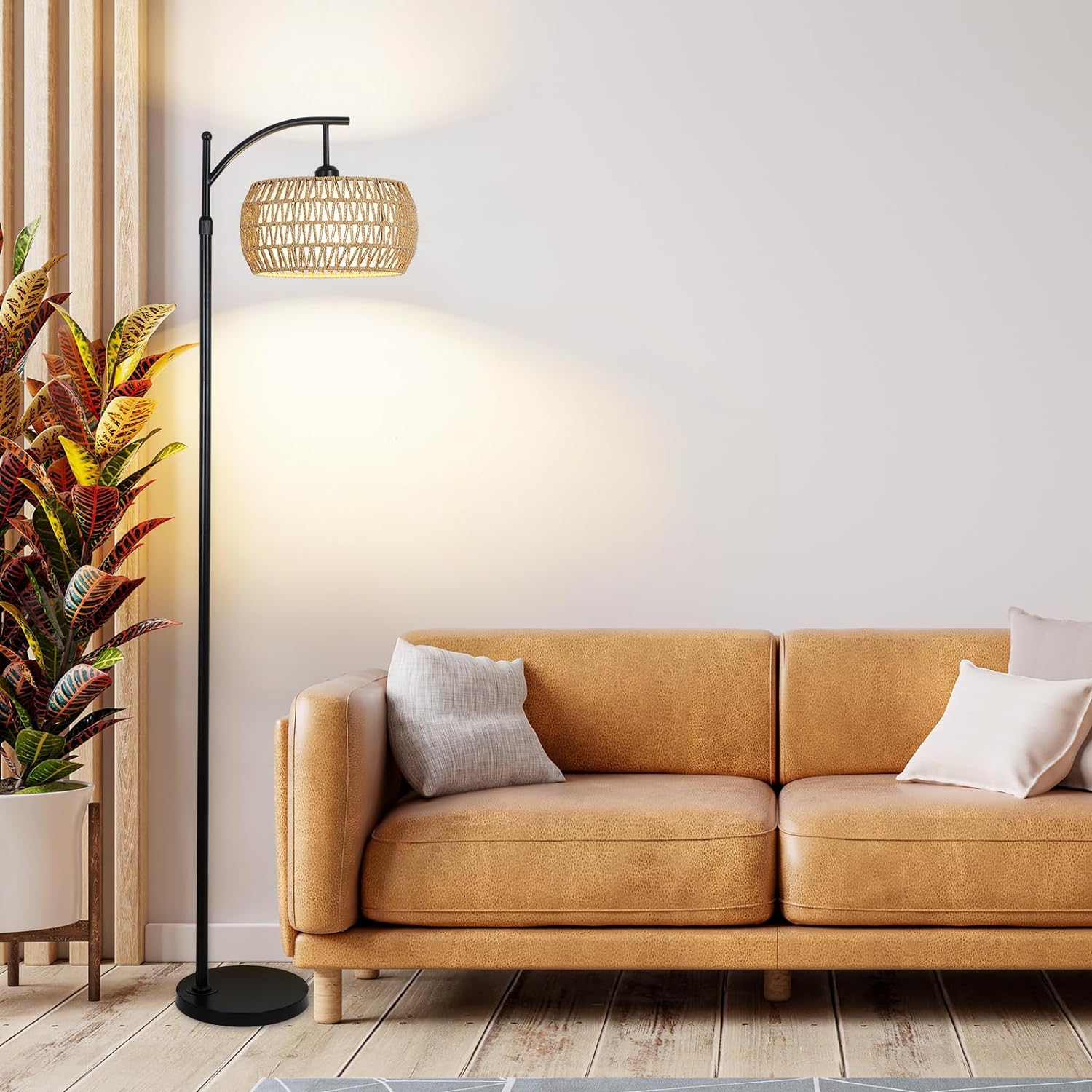 Arc Floor Lamp with Remote Control, Dimmable LED Floor Lamp with 3 Color Temperature Boho Farmhouse Tall Pole Lamp - American Smart