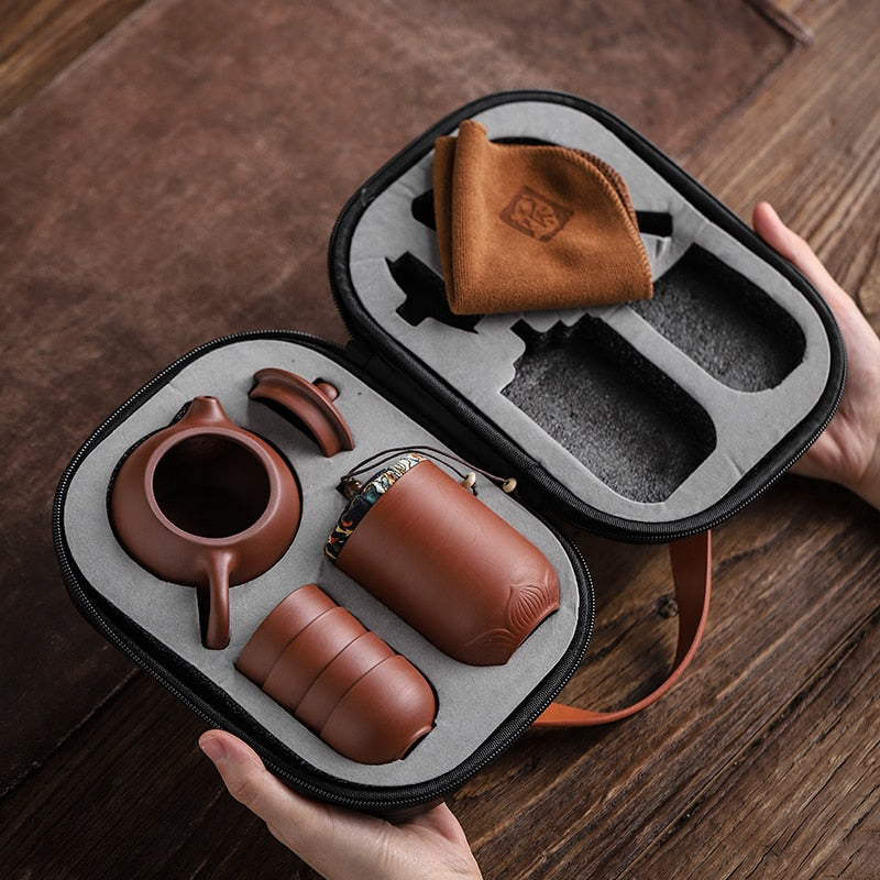 Purple ceramic tea cups with matching portable teapot from eprolo, ideal for outdoor travel and traditional Kung Fu tea ceremonies.