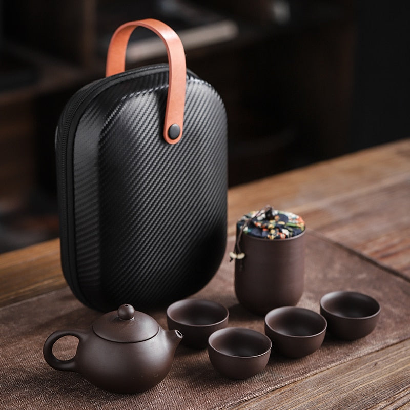 Purple ceramic tea cups and portable teapot set for outdoor travel, ideal for Kung Fu tea ceremonies and tea gift.