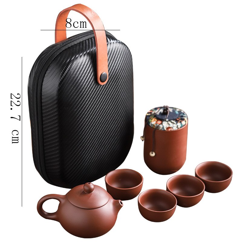 Set of two purple ceramic teacups with a portable teapot for outdoor travel, ideal for Gong Fu tea ceremonies and gift-giving.