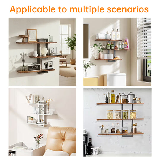 Rustic wood and metal floating shelves by eprolo mounted on a wall, ideal for kitchen or bathroom storage.