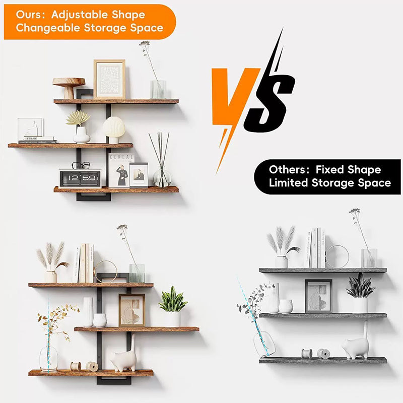 Rustic wood and metal floating shelves by eprolo mounted on a wall, ideal for kitchen or bathroom storage.