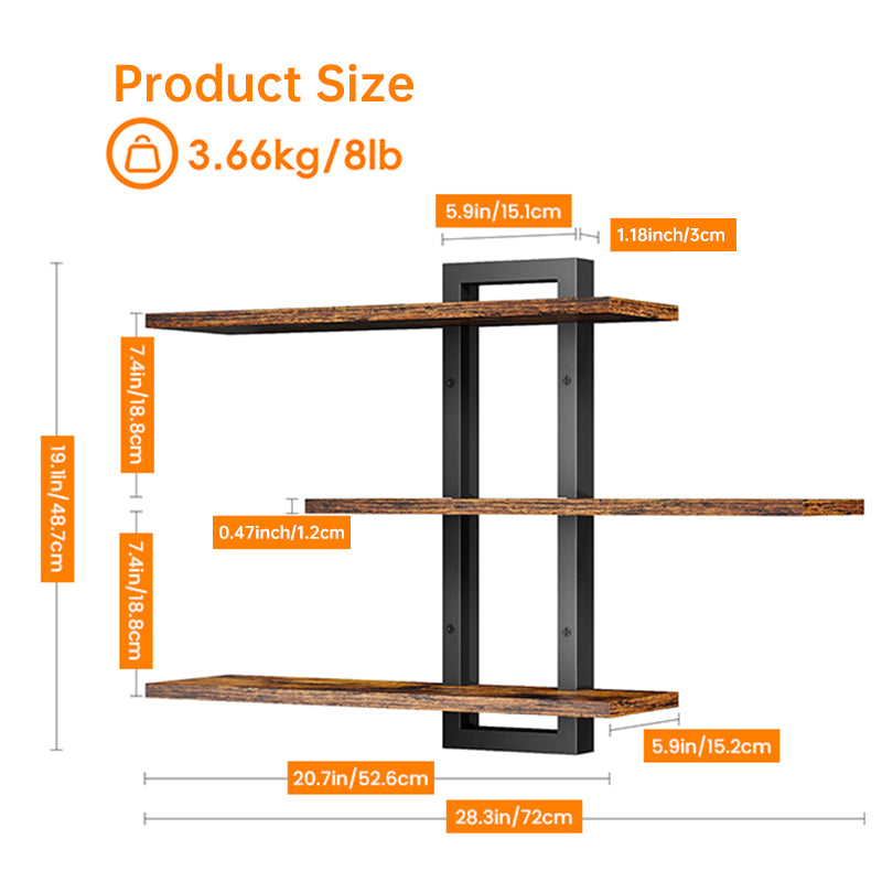 Rustic wood and metal floating shelves for wall-mounted storage in kitchen or bathroom by eprolo.