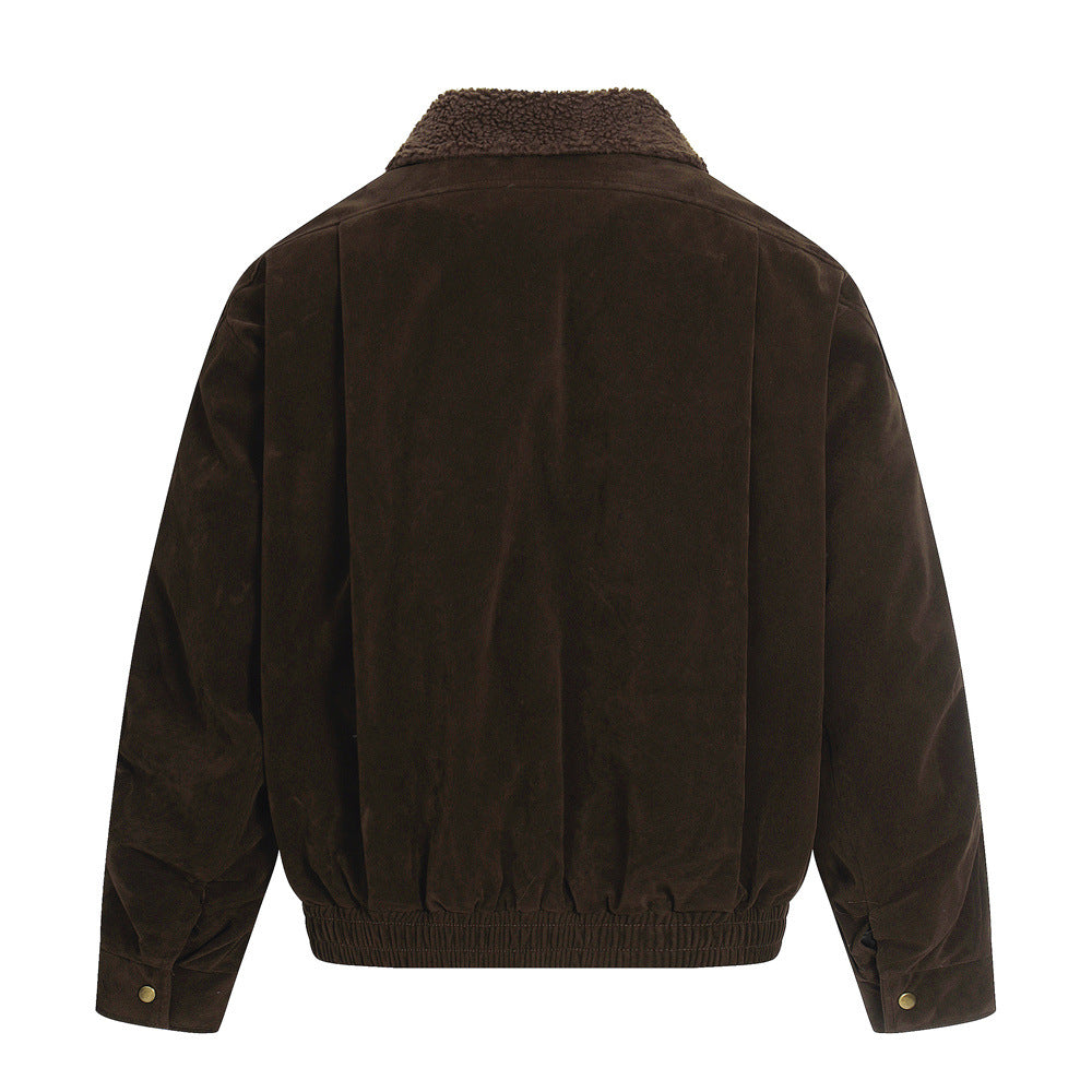 Retro men's down jacket with turn-down collar and patchwork design, trendy loose fit casual outerwear by eprolo.