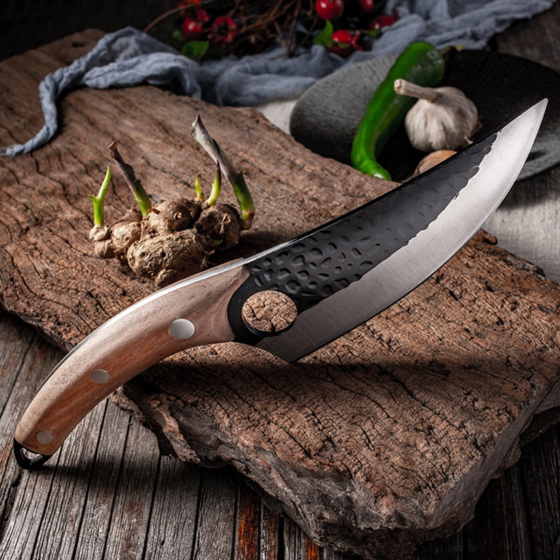 Eprolo forged butcher knife with 5.5-inch high clad steel blade, leather cover, ideal for hunting, camping, and professional cooking.