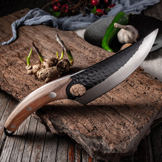 Eprolo forged butcher knife with 5.5-inch high clad steel blade, leather cover, ideal for hunting, camping, and professional cooking.