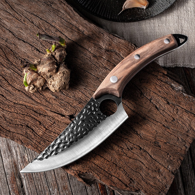 Handmade forged butcher knife with 5.5-inch high clad steel blade, leather cover, Serbian style chef knife for hunting and camping.