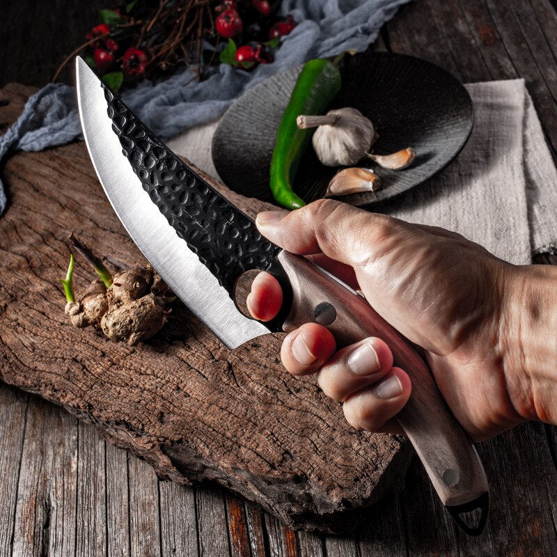 Forged butcher knife with 5.5-inch high clad steel blade, leather cover, handmade Serbian-style hunting and camping chef knife by eprolo