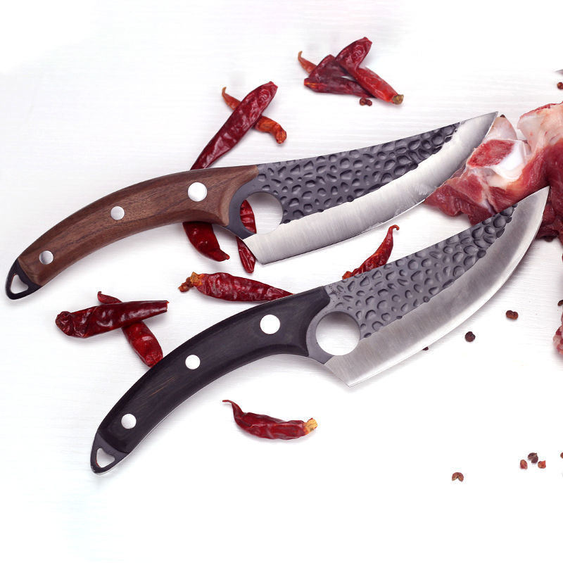 Handmade Serbian-style forged butcher knife with 5.5-inch high clad steel blade, leather cover, suitable for hunting and camping.
