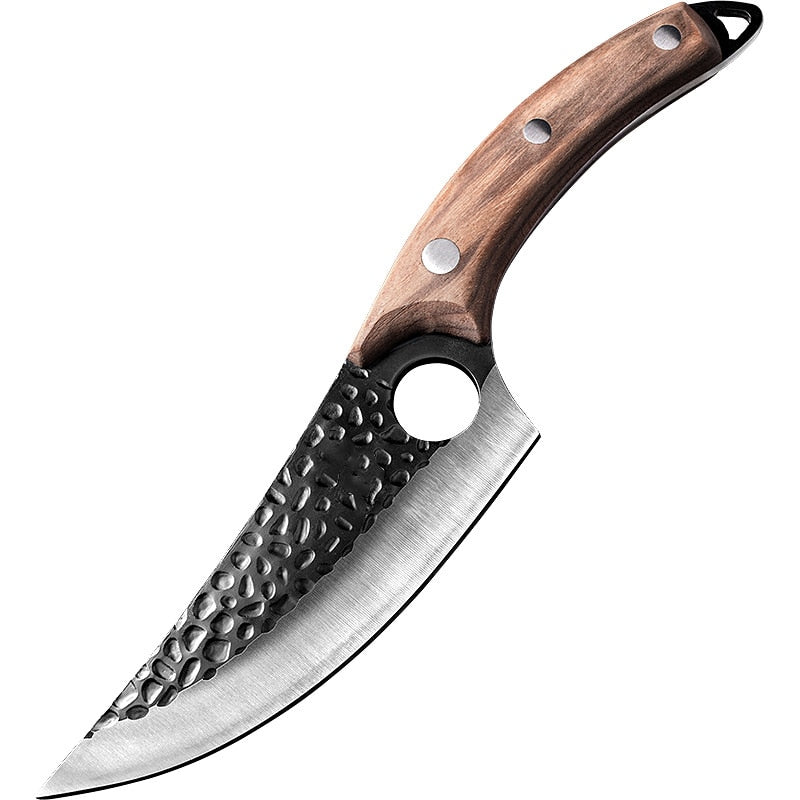 Forged butcher knife with 5.5-inch high clad steel blade, leather cover, handmade Serbian-style hunting and camping chef knife.