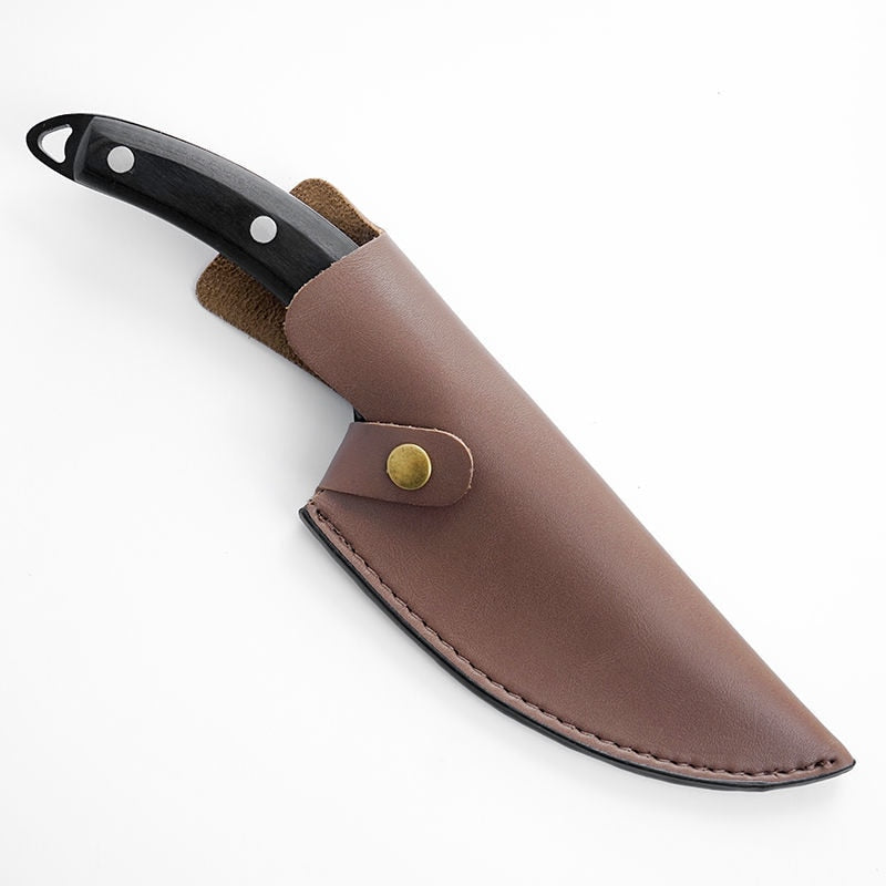Eprolo forged butcher knife with 5.5-inch high clad steel blade, leather cover, Serbian style, ideal for hunting, camping, and chef use.