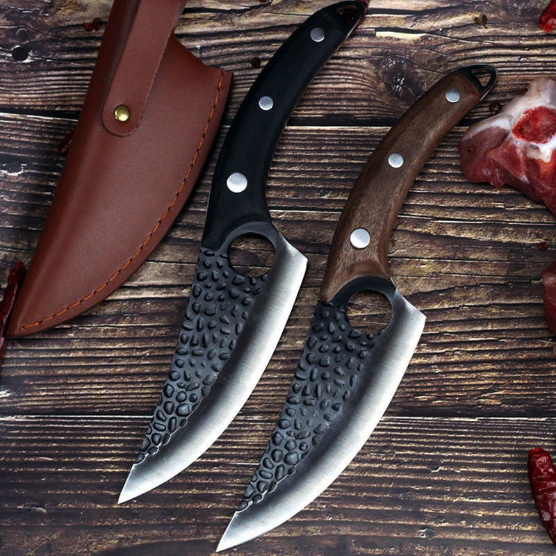 Eprolo forged butcher knife with 5.5-inch high clad steel blade, leather cover, ideal for hunting, camping, and chef use