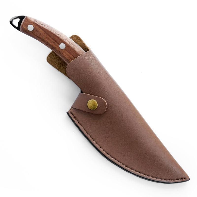Eprolo forged butcher knife with 5.5-inch high clad steel blade, leather cover, ideal for hunting, camping, and chef use in Serbian style