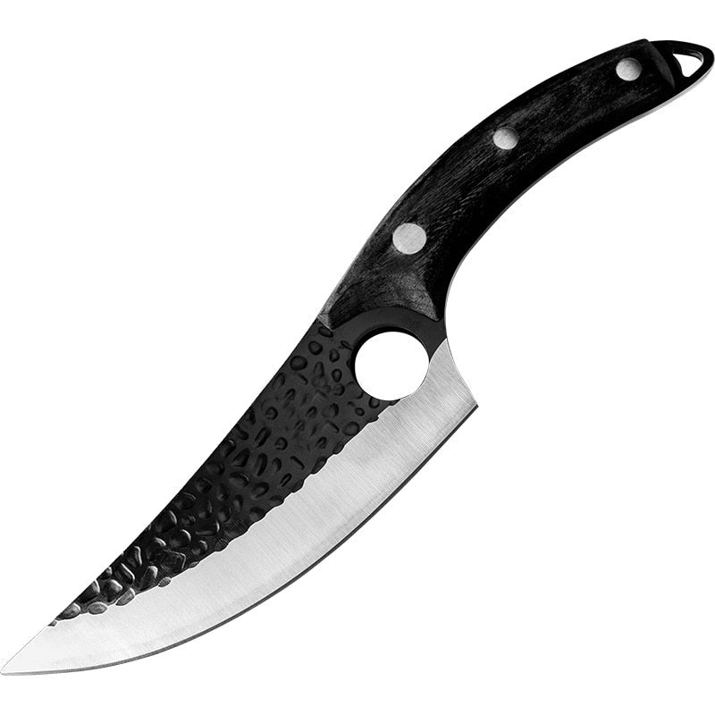 Handmade Serbian-style forged butcher knife with 5.5-inch high clad steel blade, leather cover, suitable for hunting and camping.