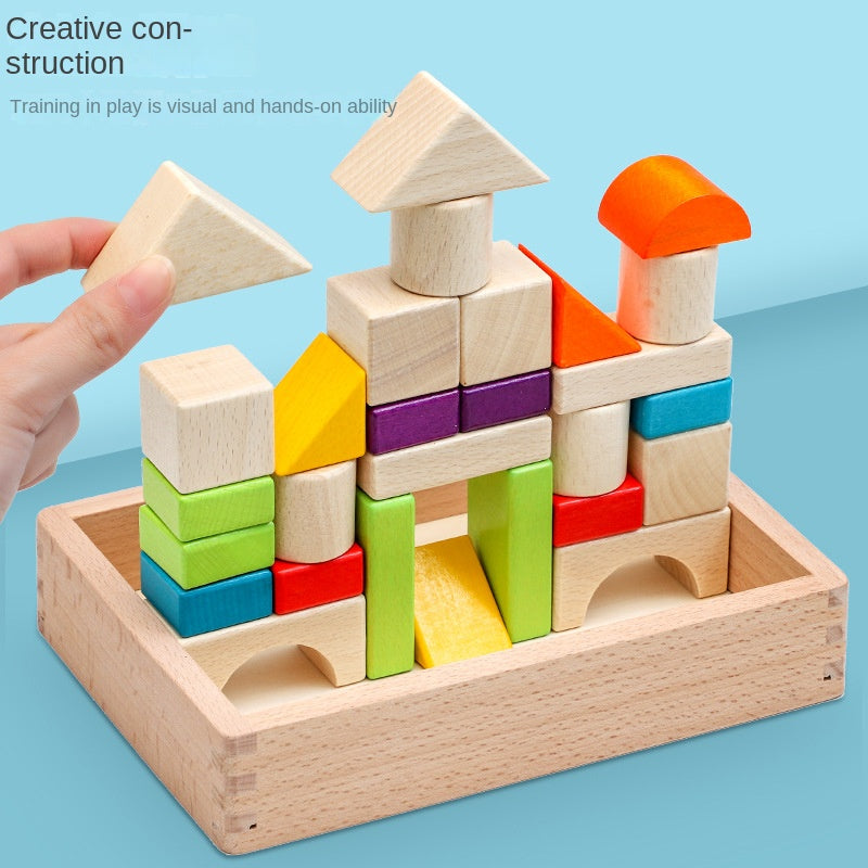 Colorful wooden building blocks from eprolo, designed for shape recognition, creativity, and early education assembly play.