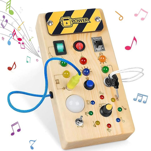 Wooden Montessori busy board sensory toy with LED light switch, designed for kids aged 2-4 years for travel and developmental play.