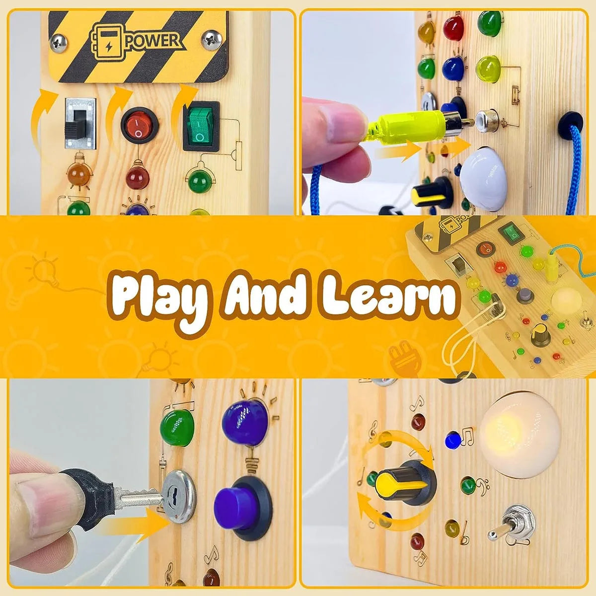 Wooden Montessori busy board with LED light switch control for sensory play and travel activities for kids aged 2-4 years.
