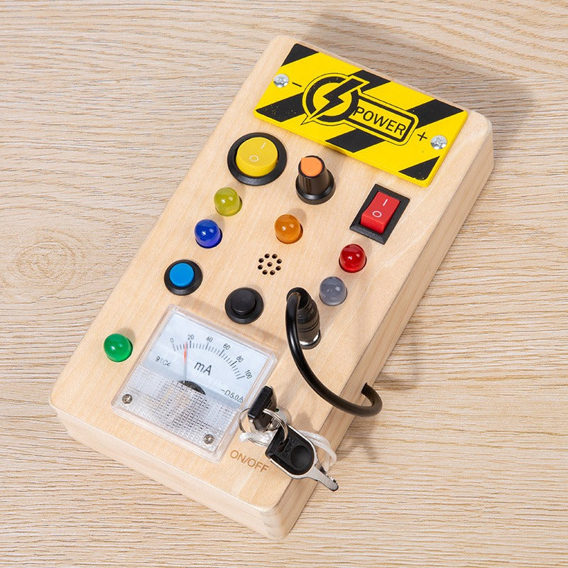 Wooden Montessori busy board sensory toy with LED light switch for kids ages 2-4, featuring travel activity and educational play.