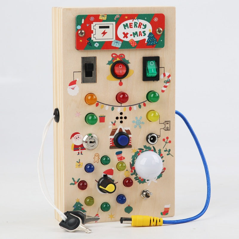 Wooden Montessori busy board with LED light switch, sensory toys for kids aged 2-4, travel activity game by eprolo
