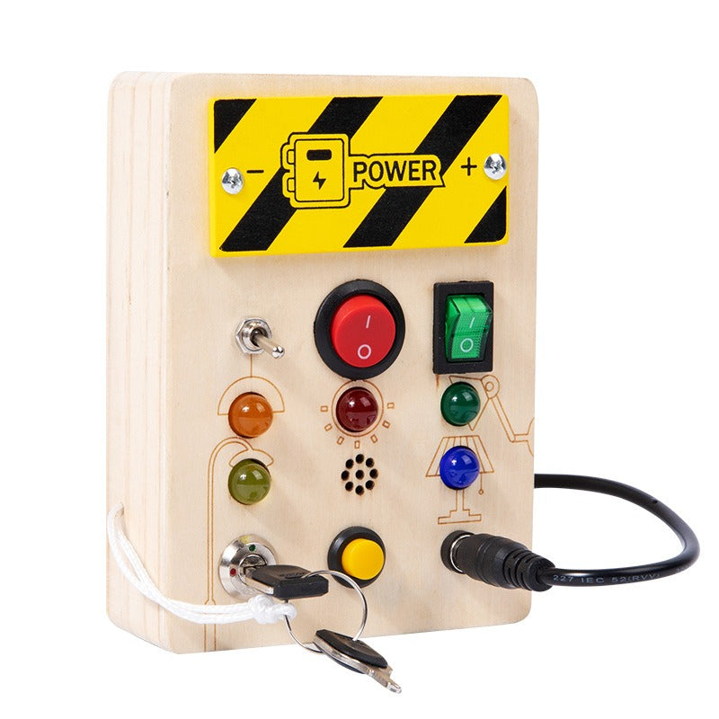 Wooden Montessori busy board with LED light switch, sensory toys, and travel activities for kids aged 2-4 by eprolo