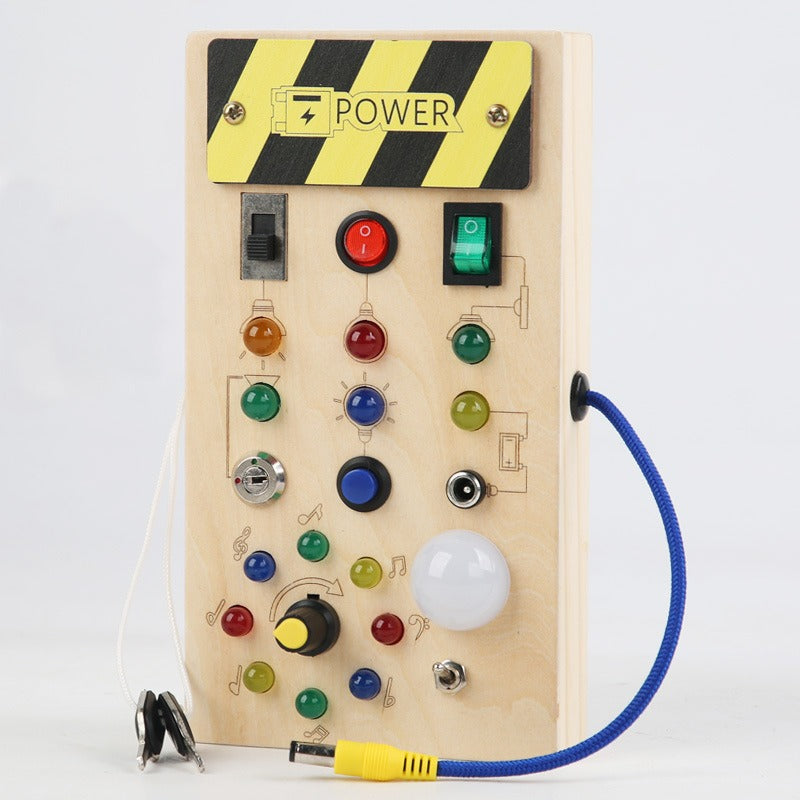 Wooden Montessori busy board sensory toy with LED light switch, designed for kids ages 2 to 4, for travel and educational play.