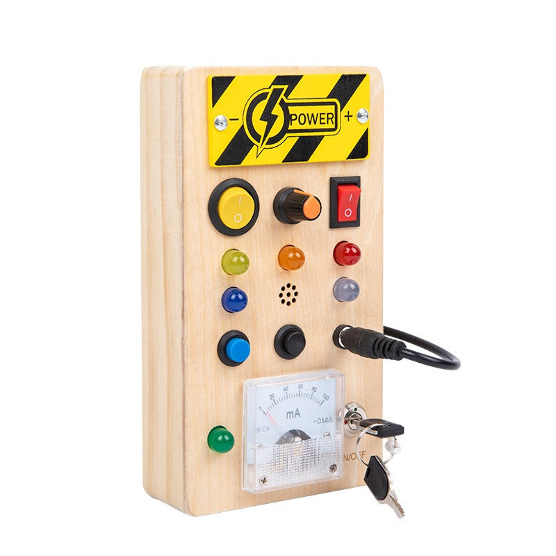 Wooden Montessori busy board with LED light switch, sensory toys and travel activities for kids aged 2-4 years by eprolo