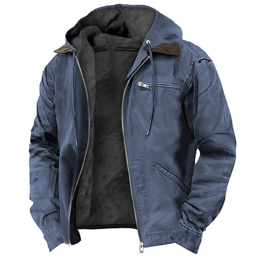 Casual Solid Color Hooded Cotton Jacket with Fleece Lining and Zipper Pockets for Men - American Smart