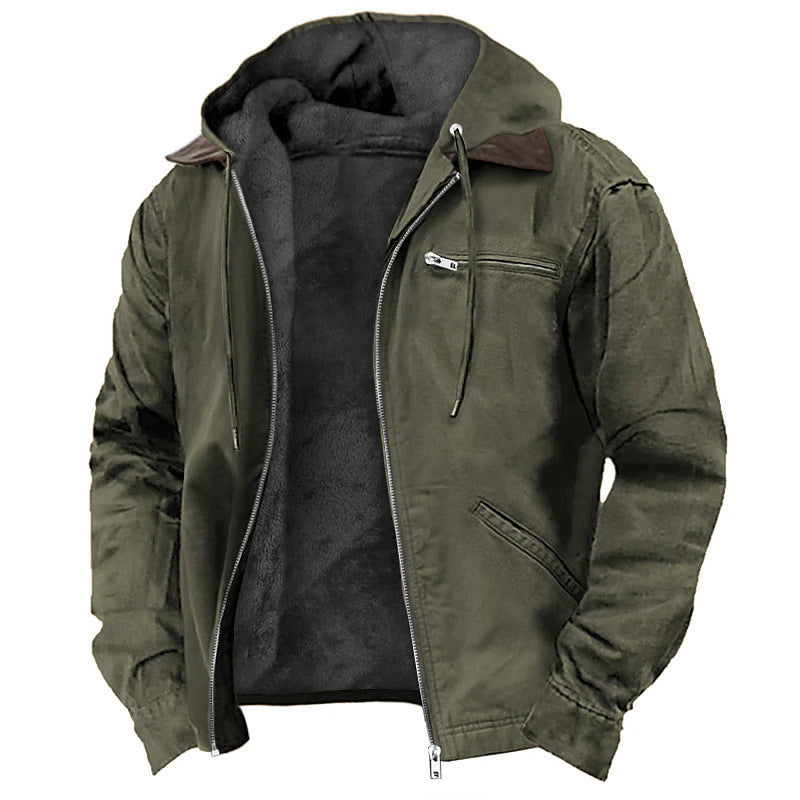 Casual Solid Color Hooded Cotton Jacket with Fleece Lining and Zipper Pockets for Men - American Smart